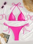 Plain Magenta Triangle Halter Tie Strap Backless 2 Piece Set Bikini Swimsuits Women's Swimwear & Clothing