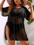 Swim Curve Plus Size Split Side Plain Black Color Half Sleeve Sheer Mesh Cover Up Dress Without Bikini Set