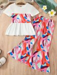 Girls 2PCS Splicing Creative Pattern Outfits Short Sleeve Top + Flare Pants Summer Clothes