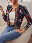 Ethnic Print Open Front Jacket Elegant Long Sleeve Slim Jacket For Spring & Fall Women's Clothing
