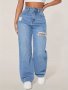 Ripped Holes Washed Straight Jeans Loose Fit Slant Pockets Denim Pants Women's Denim Jeans & Clothing