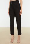 Belted Shiny Stone Woven Trousers - Black