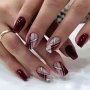 Press On Nails Medium Fake Nails Square Glue On Nails Wine Red False Nails With Glue Design Silver Glitter Lines Artificial Nails Acrylic Press