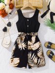 Girls Splicing Ribbed Leaves Print Sleeveless Jumpsuit Romper For Summer Gift Outdoor