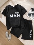 Boys' Summer Casual Short Set With Alphabet Print - Polyester Blend 2-PIECE Outfit With Slight Stretch Breathable Knit Fabric Re