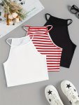 Causal Halter Crop Top Crew Neck Sleeveless Basic Summer Crop Top Women's Clothing