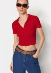 Fitted situated Crop Polo Neck Ribbed Stretch Knit Blouse - Orange