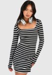 Premium Super Soft Square Neck Stripe Bodycon MINI Dress - Black