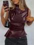 Women's Casual Fashion 90S Street Shooting Spring Autumn Solid Color Pleated Collar Pu Tank Top Sleeveless Tops Fall Women Elegant Summer