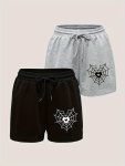 2 Pcs Spider Web Print Shorts Casual Elastic Drawstring Waist Shorts For Spring & Summer Women's Clothing