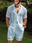 Men's 2PCS Outfits Casual Hollow Out Tops Short Sleeve Shirt And Drawstring Shorts Co Ord Set For Summer Men's Clothing For Dail