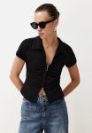 Polo Neck Gathered Zippered Blouse - Black