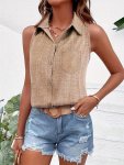 Sleeveless Button Front Blouse Casual Solid Color Patch Pocket Top For Spring & Summer Women's Clothing