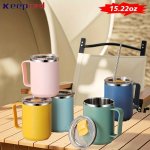 Keepred 450ML 15.22OZ Coffee Mug With Handle And Lid 304 Stainless Steel Water Bottle For Home Office Outdoor Travel
