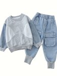 2PCS Baby's Color Block Splicing Sweatshirt & Casual Pocket Patched Denim Pants Toddler & Infant Boy's Clothing Set For Spring F