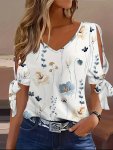 Floral Print Knotted T-Shirt Casual V Neck Split Short Sleeve T-Shirt Women's Clothing