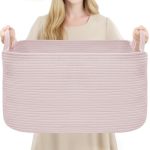 Youdenova Large Blanket Basket Pink Rectangle Cotton Rope Storage Basket Nursery Laundry Hamper For Storage Clothes ORGANIZING21