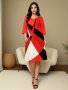 Elegant Plus Size Tunic Dress For Women - Polyester Knit Fabric Crew Neck Sleeveless Color Block Design Slight Stretch For Summer - Chic Colorblock Pattern