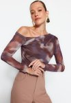 Tulle Lined Asymmetric Collar Knitted Blouse - Brown