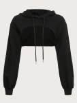 Solid Color Drawstring Detail Hoodie Elegant Long Sleeve Super Crop Hooded Sweatshirt Women's Clothing