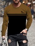 Classic Design Color Block Pattern And Letter Print "king" Crew Neck And Long Sleeve T-Shirt Comfy And Breathable Tees For Men T