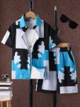2PCS Boys Casual Colorblock Short Sleeve Lapel Shirt & Shorts Set Comfy Summer Boys Clothing