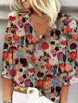 Floral Print V Neck Blouse Casual 3 4 Sleeve Top For Spring & Summer Women's Clothing