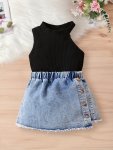 Baby Girls Baby Summer Outing Fashion Elegant Off Shoulder Style Slim Round Neck Top + Slant Open Retro Single Breasted Denim Sh