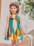 Young Girls' Casual Geometric Pattern Halter Neck Sleeveless Knee-length Dress
