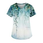 Scrubs For Women V Neck Short Sleeve Printed Tops Cartoon Pattern Plus Size Nursing With Pockets Blues 3XL