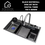 Black Stainless Steel Digital Waterfall Smart Kitchen Sink Set - 750 X 460MM
