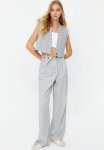 Straight Cut Woven Trousers With Belt Detail - Grey