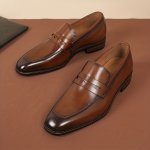 Men's Solid Top Leather Apron Toe Penny Loafers Breathable Wear-resistant Slip On Dress Shoes For Business Occasions Men's Offic