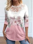 Floral Print Lace Stitching T-Shirt Vintage Long Sleeve T-Shirt For Spring & Fall Women's Clothing