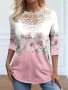 Floral Print Lace Stitching T-Shirt Vintage Long Sleeve T-Shirt For Spring & Fall Women's Clothing