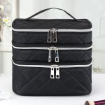 Chic Black Quilted Makeup Bag - Spacious 3-LAYER Organizer With Handle Perfect For Travel & Home Use