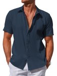 Men's Solid Cotton Shirt Casual Lapel Button Up Short Sleeve Shirt For Spring Fall Outdoor Activities