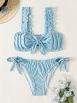 Eyelet Embroidery Plain White 2 Piece Set Bikini Frill Stretchy Knot Cute Swimsuits Women's Swimwear & Clothing