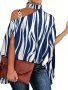 Leaves Print One Shoulder Blouse Elegant Chain Strap Mock Neck Short Sleeve Blouse For Spring & Summer Women's Clothing