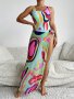 Allover Print Tie Side Semi Sheer Stretchy Maxi Cover Up Skirt Women's Swimwear & Clothing