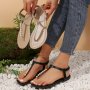 Women's Solid Color Thong Sandals Elastic Ankle Strap Lightweight Soft Sole Seaside Slides Faux Pearl Decor Slingback Shoes