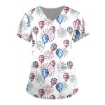 4TH Of July Scrubs For Women V Neck Short Sleeve Printed Tops Cartoon Pattern Plus Size Nursing With Pockets Blues 5XL