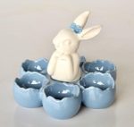 Ceramic Blue Egg Tray With White Bunny 13X17CM