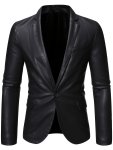 Men's Solid Pu Leather Jacket With Pockets One Button Slim-fit Lapel Outwear For Business Banquets Parties