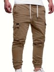 Men's Fashion Regular Fit And Cuffed Solid Cargo Pants With Flap Pockets Chic And Trendy Solid Drawstring Leisure Trousers For D