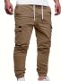 Men's Fashion Regular Fit And Cuffed Solid Cargo Pants With Flap Pockets Chic And Trendy Solid Drawstring Leisure Trousers For Daily Outerwear