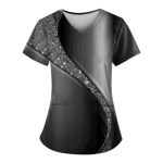 Scrubs For Women V Neck Short Sleeve Printed Tops Cartoon Pattern Plus Size Nursing With Pockets Black XXL