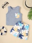 Baby's Coconut Tree Print 2PCS Summer Casual Outfit Pocket Patched Tank Top & Shorts Set Toddler & Infant Boy's Clothes