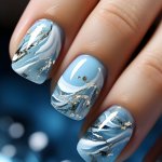 Blue Striped Square Press-on Nails Set 24PCS Short Glossy Fake Nail Kit With Stripe Pattern Easy To Apply Nail Tips For Women An