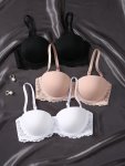 3PCS Contrast Lace Balconette Bra Comfy & Breathable Push Up Bra Women's Lingerie & Underwear